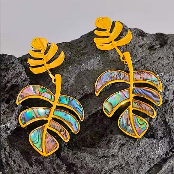 Boho Gold Iridescent Leaf Earrings Stainless Steel Gold Plated - Picture 1 of 11